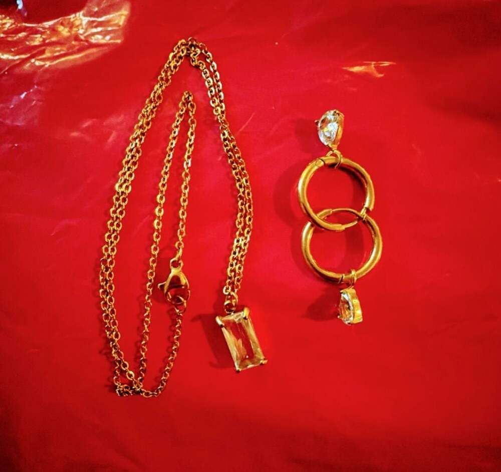 Gold Tone Emerald-Cut Crystal Pendant Necklace and Teardrop Hoop Earrings Set